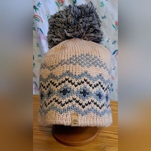 EUC Timberland Pink & Blue Neutral Boho Winter Casual Beanie Hat w/ Big PomPom